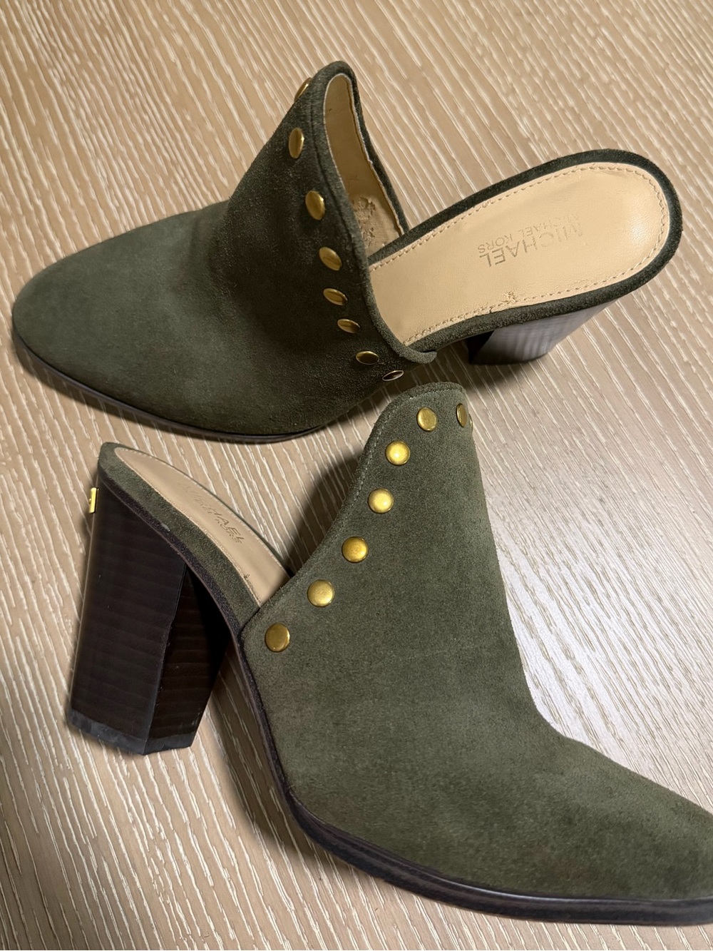 Michael Kors Olive Suede Studded Block Heel Mules